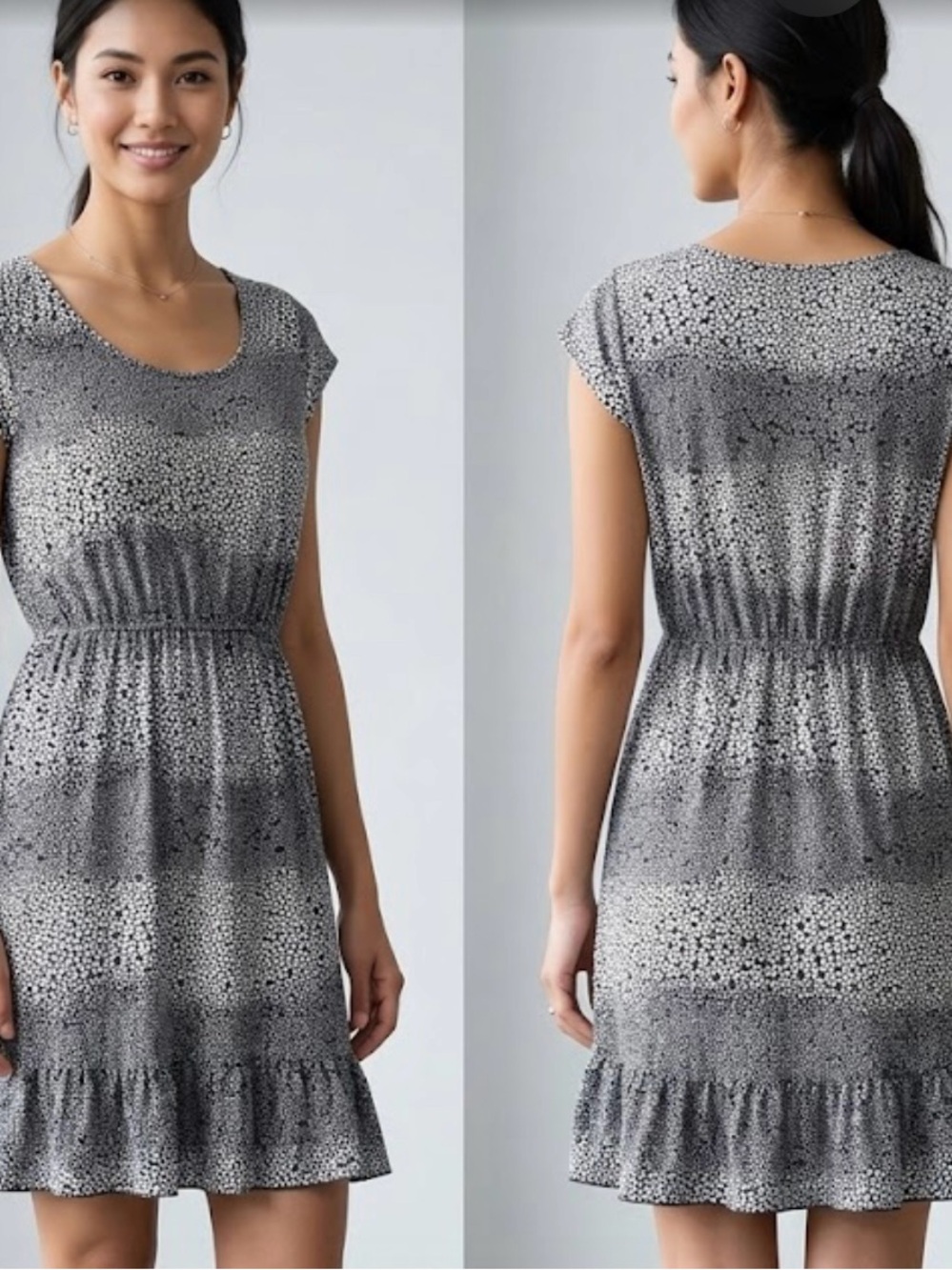 Old Navy Grey Printed Short-Sleeve Ruffle-Hem Dress